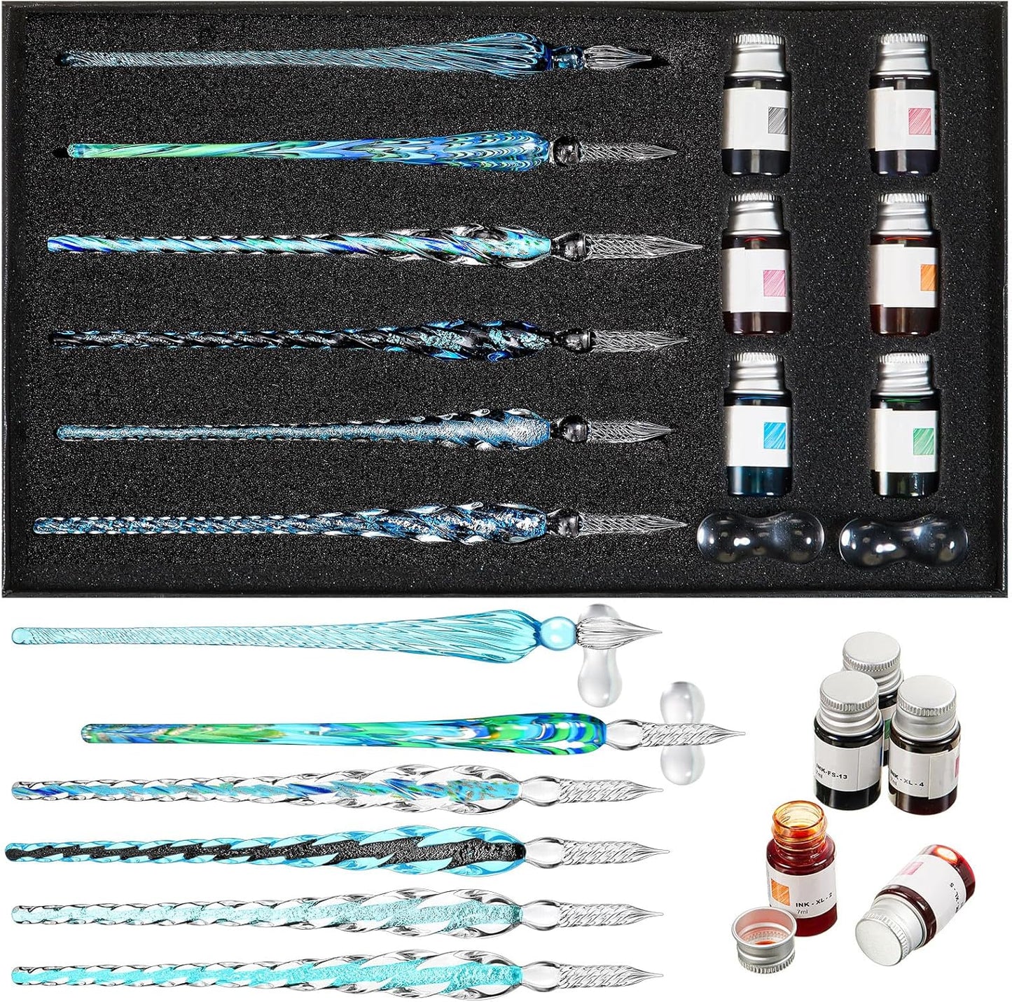 Zonon Glass Dipped Pen Ink Set 14 Pcs Include 6 Pcs Glass Dip Pen, 6 Colorful India Ink and 2 Holder Crystal Signature Calligraphy for Art, Writing, Signatures, Gift(Blue Color System)