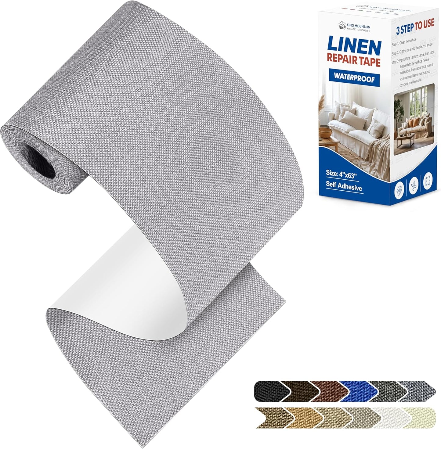 KING MOUNTAIN Linen Repair Patches, Self-Adhesive Linen Fabric Patches, 4 X 63 inch Extra Size, Multi Color, Can be Used for Linen Sofa Repair and Linen Clothes Repair (Light Grey 3.0)