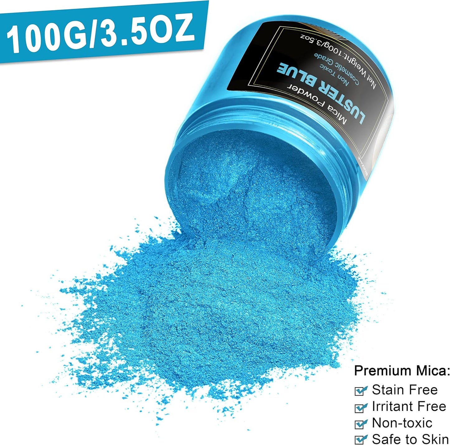 Blue Mica Powder(100g) Big Bottle Pigment Powder Multipurpose DIY Arts and Crafts Additive, Woodworking, Epoxy, Resin, Natural Bath Bombs, Paint, Soap,Nail Polish, Lip Gloss(Luster Blue, 3.5oz)