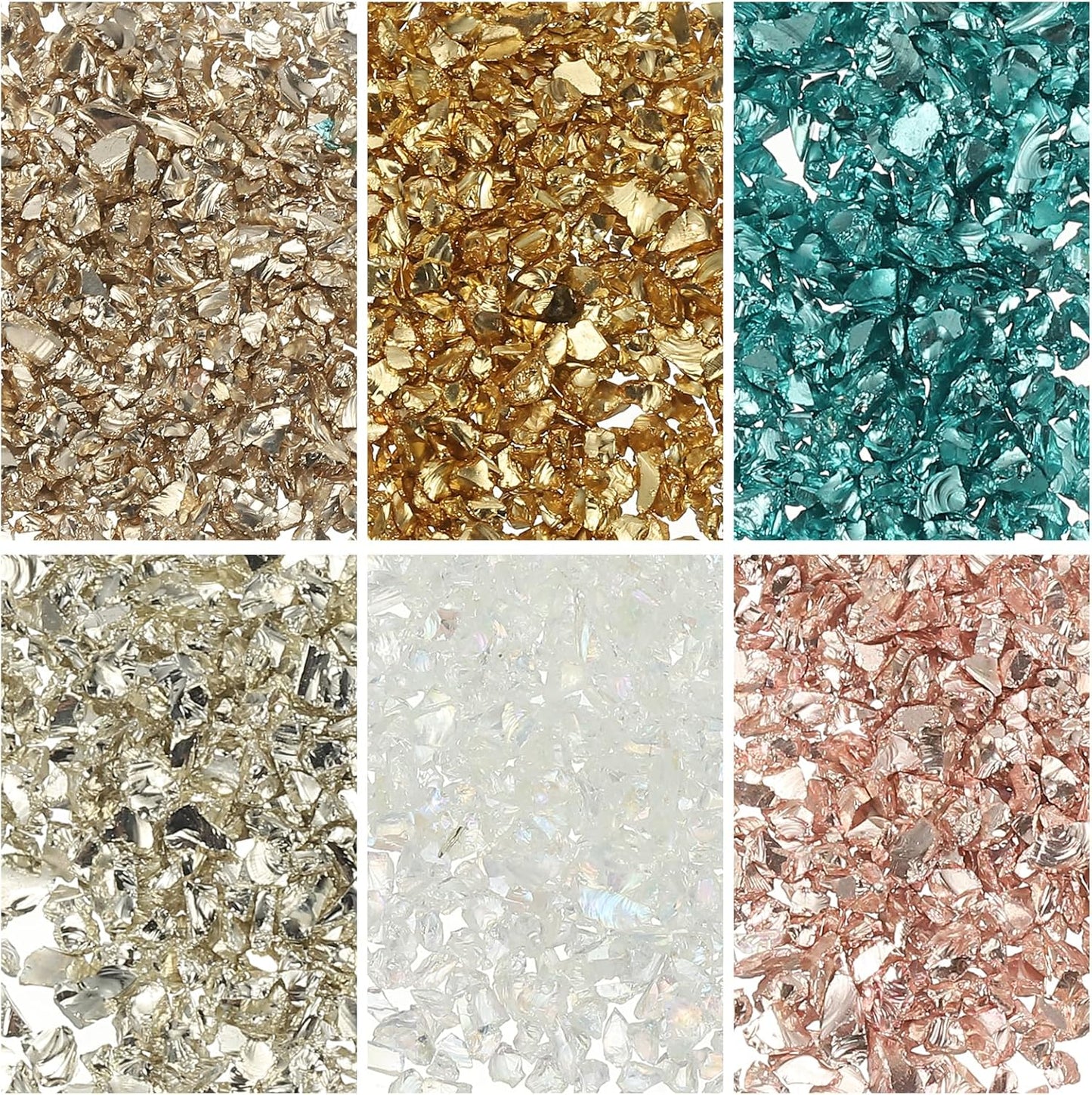 uxcell 6 Colors Crushed Glass Chips, 1-3mm Irregular Glitter Metallic Glass Broken Glasses Pieces with Laser Bag for Craft DIY Vase Epoxy Halloween Decoration 33g, Gold Color Series