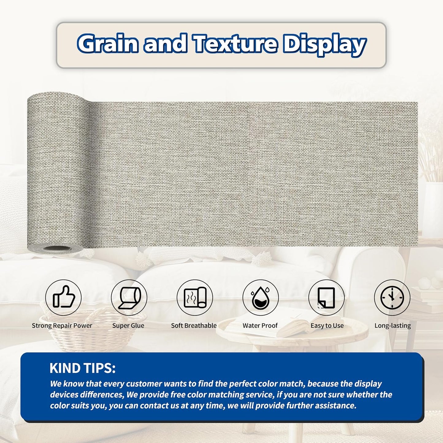 KING MOUNTAIN Linen Repair Patches, Self-Adhesive Linen Fabric Patches, 4 X 63 inch Extra Size, Multi Color, Can be Used for Linen Sofa Repair and Linen Clothes Repair (Cream-Gray 1.0)