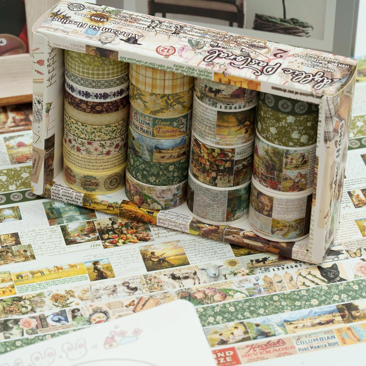 Vintage Washi Tape Set - 24 Rolls Arts Adhesive Tapes Assorted Retro Decorative Masking Tape Sets for Craft, Kids, Scrapbook, DIY, Gift Wrapping (10-Countryside Charm)