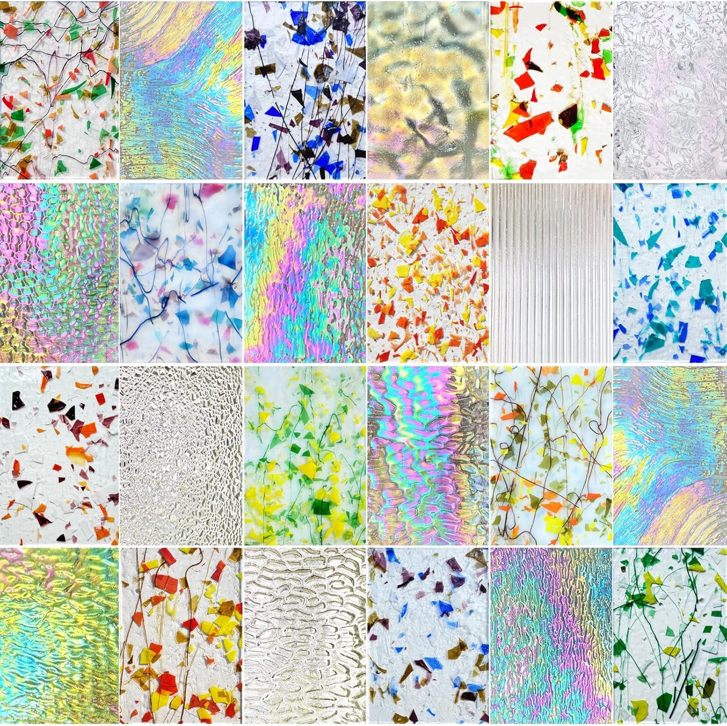 24 Sheets Clear Iridescent and Confetti Stained Glass Sheet Variety Pack, 4 x 6 inch Cathedral Art Glass Mosaic Tiles for Crafts, Stained Glass Supplies for Projects Mosaics