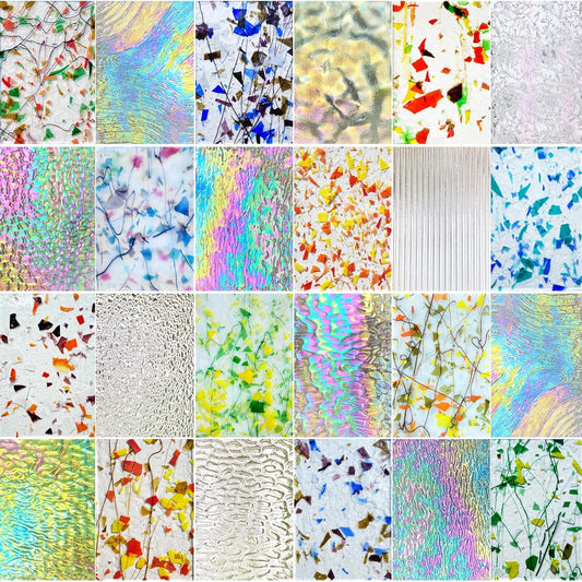 24 Sheets Clear Iridescent and Confetti Stained Glass Sheet Variety Pack, 4 x 6 inch Cathedral Art Glass Mosaic Tiles for Crafts, Stained Glass Supplies for Projects Mosaics