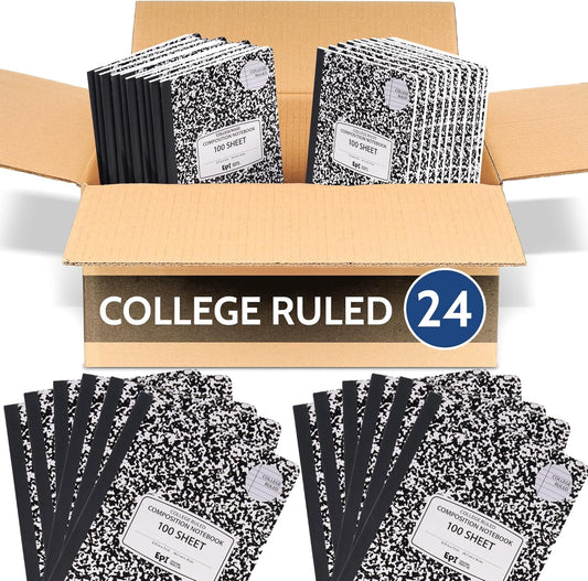 EPI Marble Hardcover College Ruled Composition Notebook | 200 Pages (100 Sheets), 9.75 x 7.5 in, Sturdy Sewn Binding | School, Office, Journaling, Notes - 24 Pack