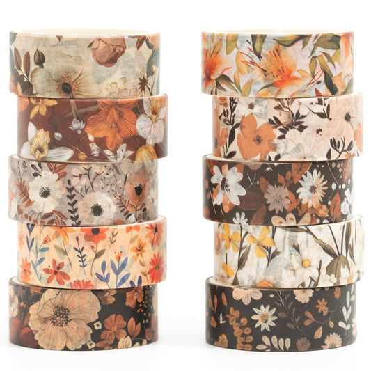 10 Rolls Blooming Flowers Washi Tape Set Floral Arts Adhesive Tapes Colorful Garden Decorative Masking Tape Sets for Craft, Kids, Scrapbook, DIY, Gift Wrapping (5-Browns)