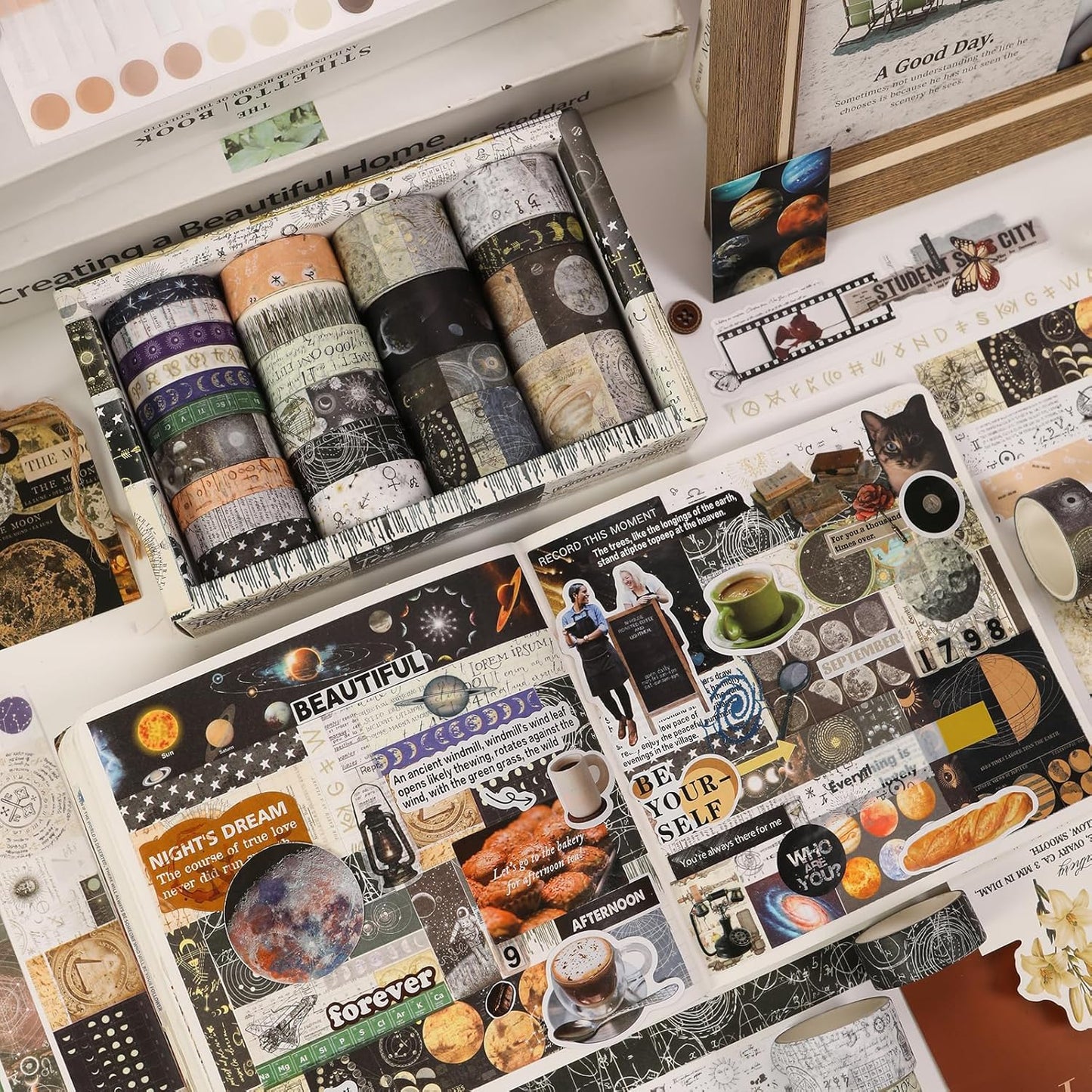 Vintage Washi Tape Set - 24 Rolls Arts Adhesive Tapes Assorted Retro Decorative Masking Tape Sets for Craft, Kids, Scrapbook, DIY, Gift Wrapping (11-Celestial Dreams)