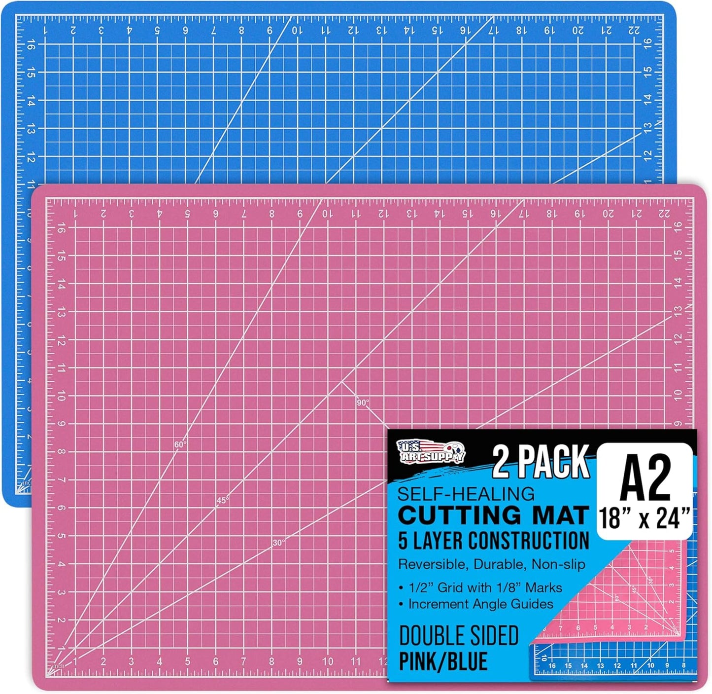 U.S. Art Supply 18" x 24" Self-Healing Cutting Mat 5-Ply (2 Pack) - Double-Sided Pink/Blue Craft Mat, Non-Slip Cutting Mats for Crafts, Sewing, Quilting, Scrapbooking