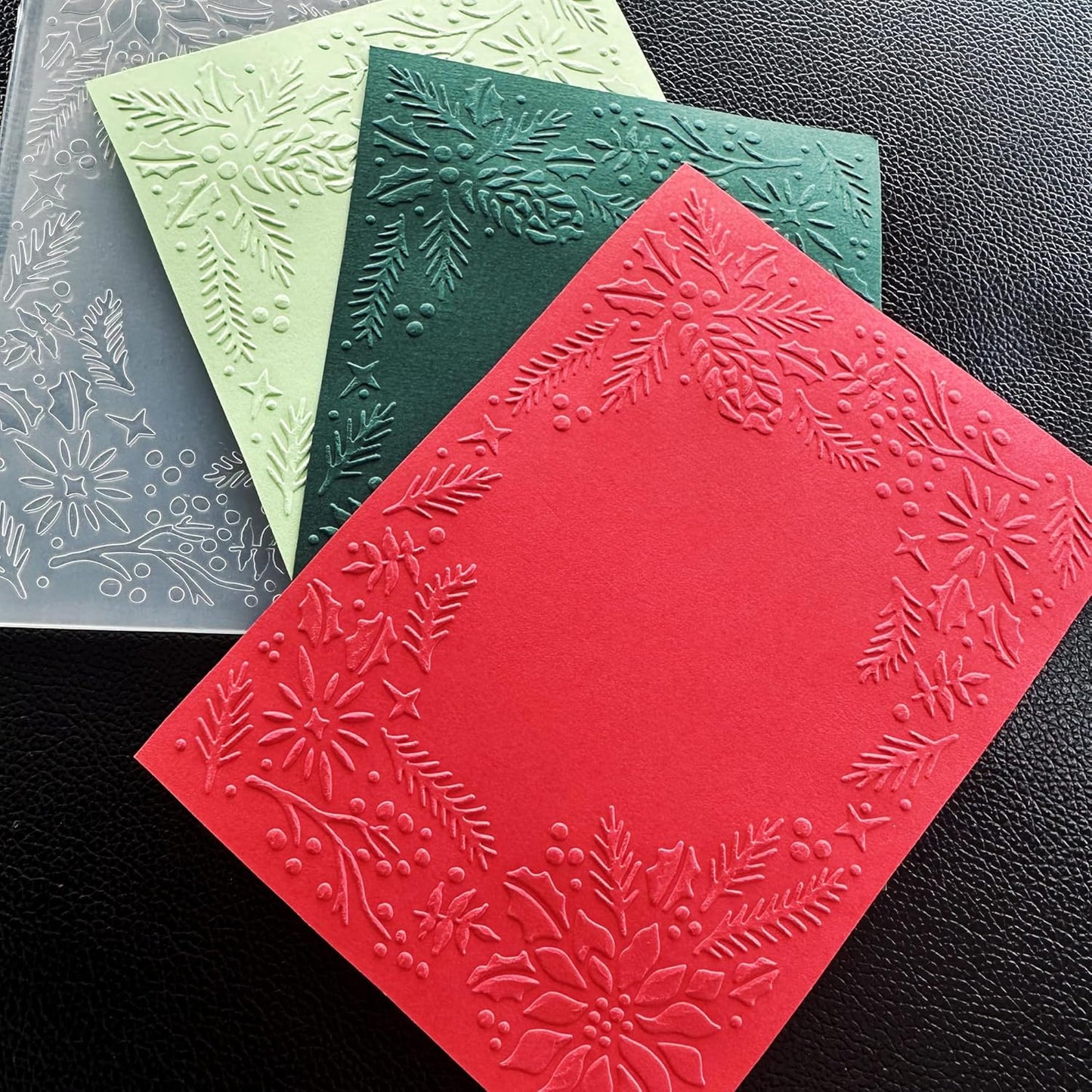 Arbuya 3D Christmas Plastic Embossing Folders for Card Making 3 d Evergreen Holly Leaves Frame Embossing Folder for Gift Tag Paper Crafting Home Decoration 5"x7"