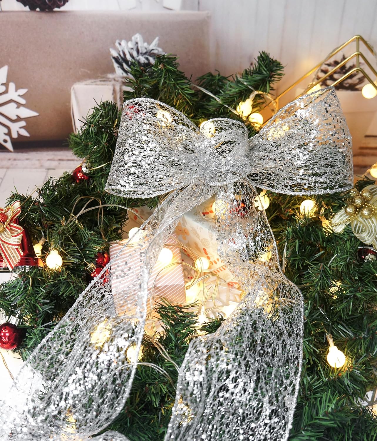 CT CRAFT LLC Sparkling Glitter Mesh Wired Ribbon 4" x 10 Yards Silver for Christmas Home Decor Bow Gift Wrapping DIY Crafts Wreath