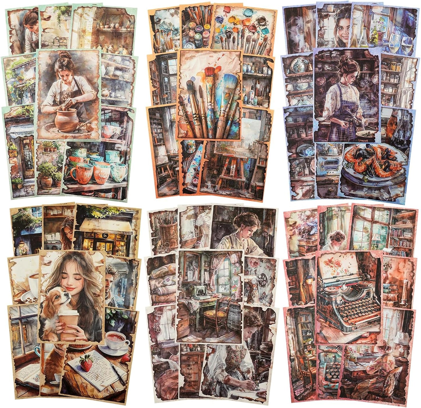 Weekend Diary Scrapbook Paper, 180PCS Vintage Hand-Tearable Sheets with Aged Edges, Coffee, Sewing, Reading & Art-Inspired Themes for Journaling and Collage