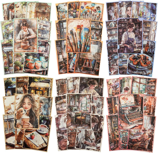 Weekend Diary Scrapbook Paper, 180PCS Vintage Hand-Tearable Sheets with Aged Edges, Coffee, Sewing, Reading & Art-Inspired Themes for Journaling and Collage