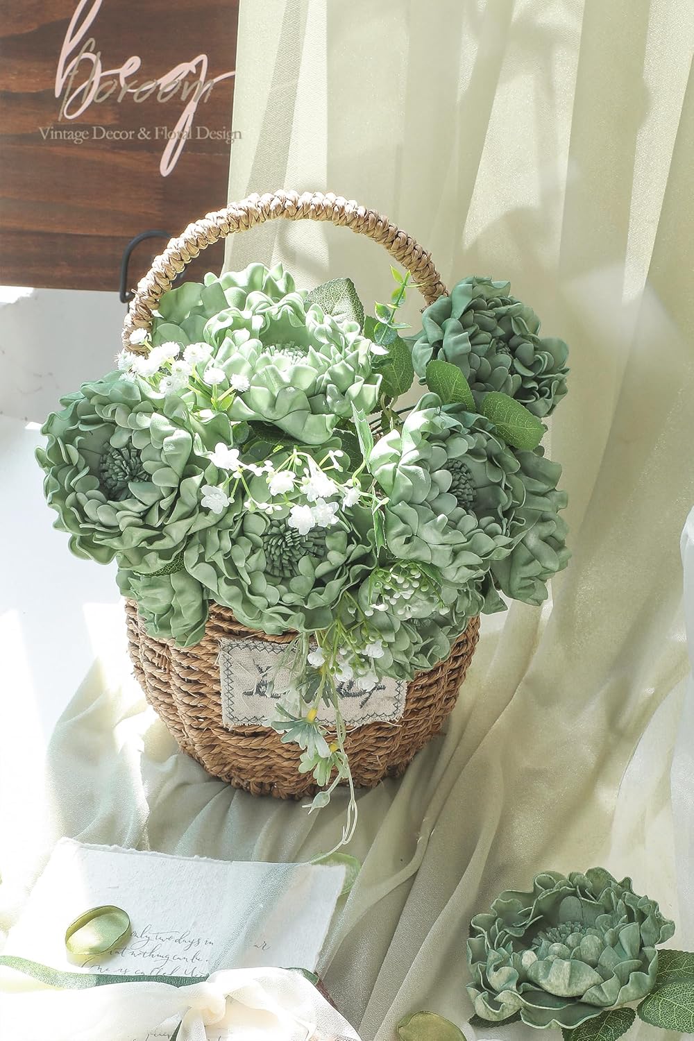 Floroom Artificial Flowers 16pcs 4" Elf Green Blooming Peonies Real Looking Foam Fake Peony with Stems for DIY Wedding Bouquets Sage Green Bridal Shower Centerpiece Floral Arrangement Table Decoration