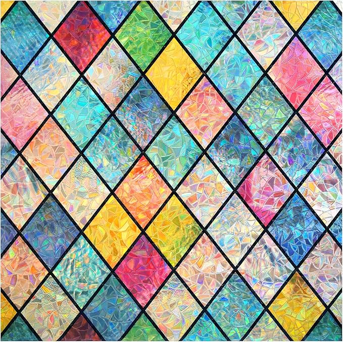 Haton Stained Glass Window Film, Rainbow Window Privacy Film, Decorative Sun Blocking Glass Clings Stickers, Static Cling Colorful Lattice Coverings Decals for Home Door 35.4" x 118.1"