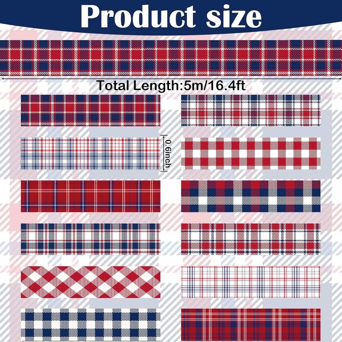 12 Rolls Basic Grid Washi Tape Set, Red Blue White Plaids Decorative Paper Stickers for Thanksgiving Christmas Independence Day Scrapbook Journaling DIY Art Crafts Gift Wrapping 16.4FT