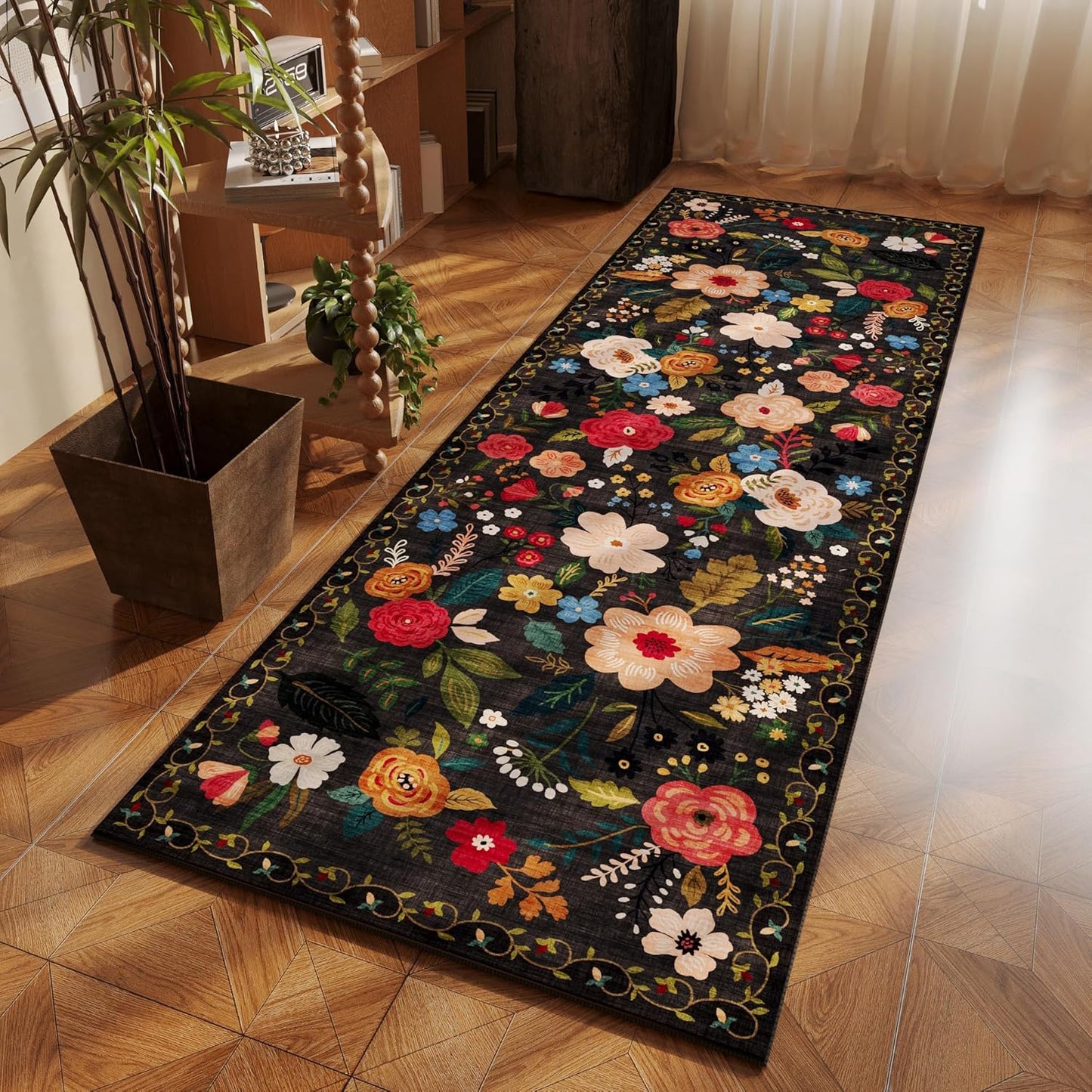 Rugcomf Runner Rug for Hallways Kitchen Rug Non Slip 2'x 6' Washable Runner Rugs with Rubber Backing Soft Floral Carpet Runner for Hallways, Kitchen, Laundry, Bedroom, Bathroom(Black)