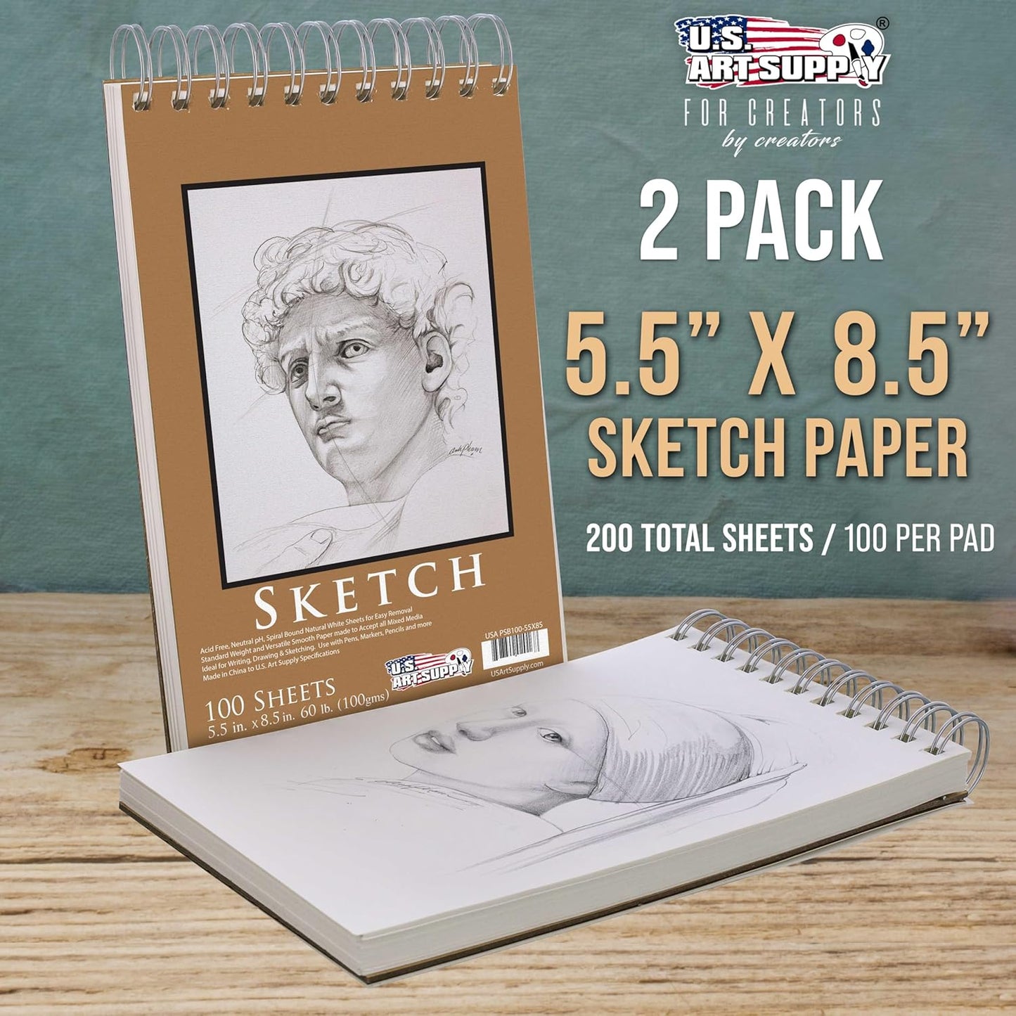 U.S. Art Supply 5.5"x8.5" Top Spiral Bound Sketch Book, 2 Pack, 100 Sheets Each, 60lb (100gsm), Acid-Free, Artist Sketchbook, Drawing Pad for Adults & Students