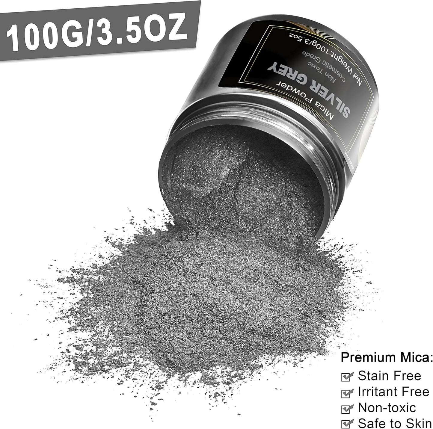 Silver Mica Powder Pigment (100g) -Cosmetic Grade Metallic Mica Powder for Epoxy Resin, Lip Gloss, Soap,Candle Making,Bath Bombs,Tumblers, Jewelry, Dyes, and DIY Crafting Projects(Silver Grey, 3.5oz)
