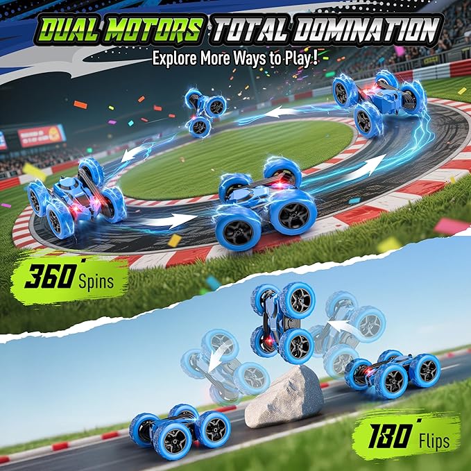 Remote Control Stunt Car for Kids, 360° Spinning Double-Sided RC Toy with Headlights, 4WD USB-C Rechargeable Vehicle for Boys Ages 6–12, Educational STEM Toy
