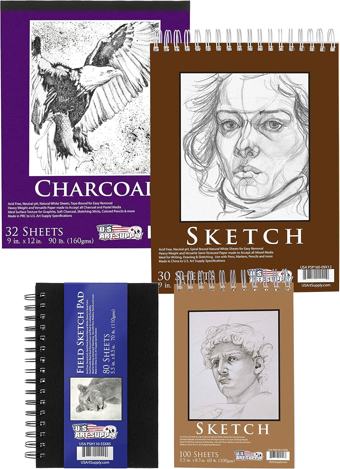 U.S. Art Supply 4-Pad Sketch Book and Drawing Paper Set (242 Sheets) - Sizes (5.5 x 8.5 and 9 x 12 Inch) Spiral Bound, Artist Drawing Pads for Mixed Media