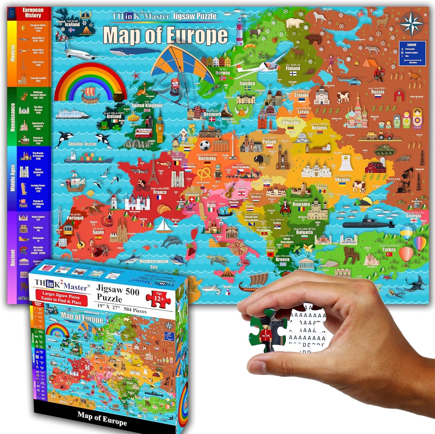 Think2Master Colorful Map of Europe 500 Pieces Jigsaw Puzzle for Kids 12+, Teens, Adults & Families. Great Gift for stimulating Interest in The European Map. Size: 26.8” X 18.9”