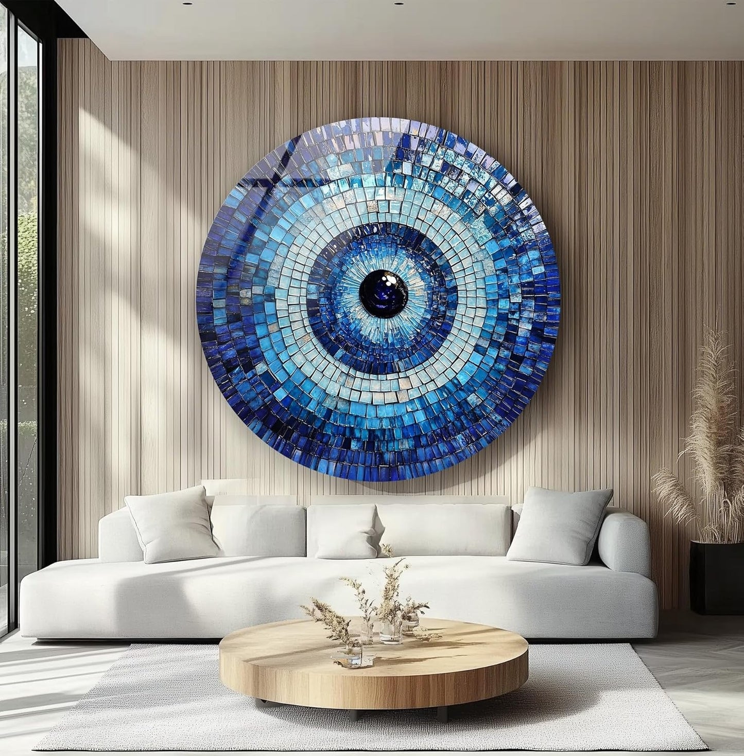 My Photostation.com 39,4''(100cm) Diameter Blue Mosaic Evil Eye Round Glass Wall Art Tempered Glass Printing Wall Decor Large Wall Art Wall Hangings
