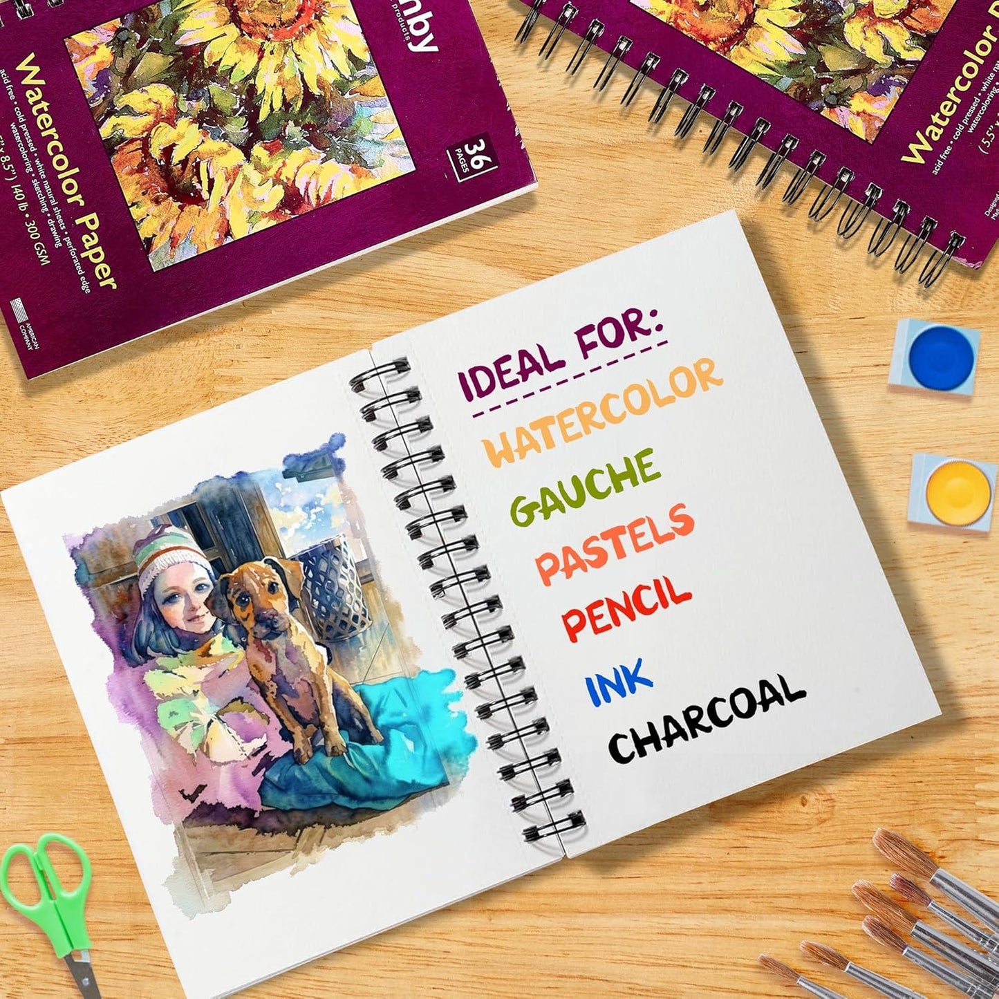 Ashby - Watercolor Paper Pads (5.5" x 8.5") - Pack of 3 (108 Total Sheets) - 140lb (300 GSM) Spiral Bound Notebook, Acid-Free, Cold Press - Ideal for Most Wet & Dry Media, Journaling and Drawing