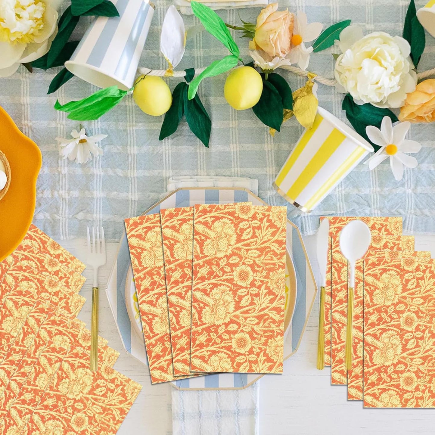 Vintage Floral Paper Napkins, 80PCS Vintage Floral Guest Paper Napkins Disposable, Orange Retro Plants Wildflower Lunch Dinner Hand Napkin for Wedding, Theme Party, Birthday, 4.5x8 Inch