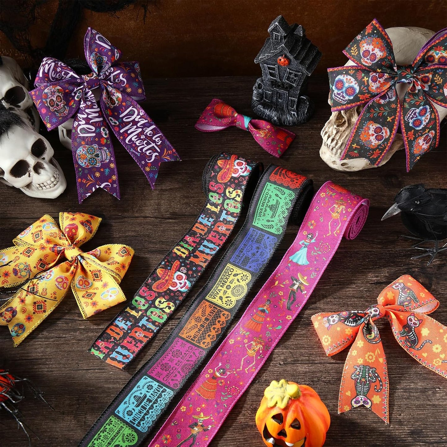 12 Rolls 60 Yards Day of The Dead Wired Edge Ribbons Black Purple Sugar Skull Flower Burlap Ribbon Dia De Los Meurtos Ribbon for Halloween Party DIY Craft Wreath Decor