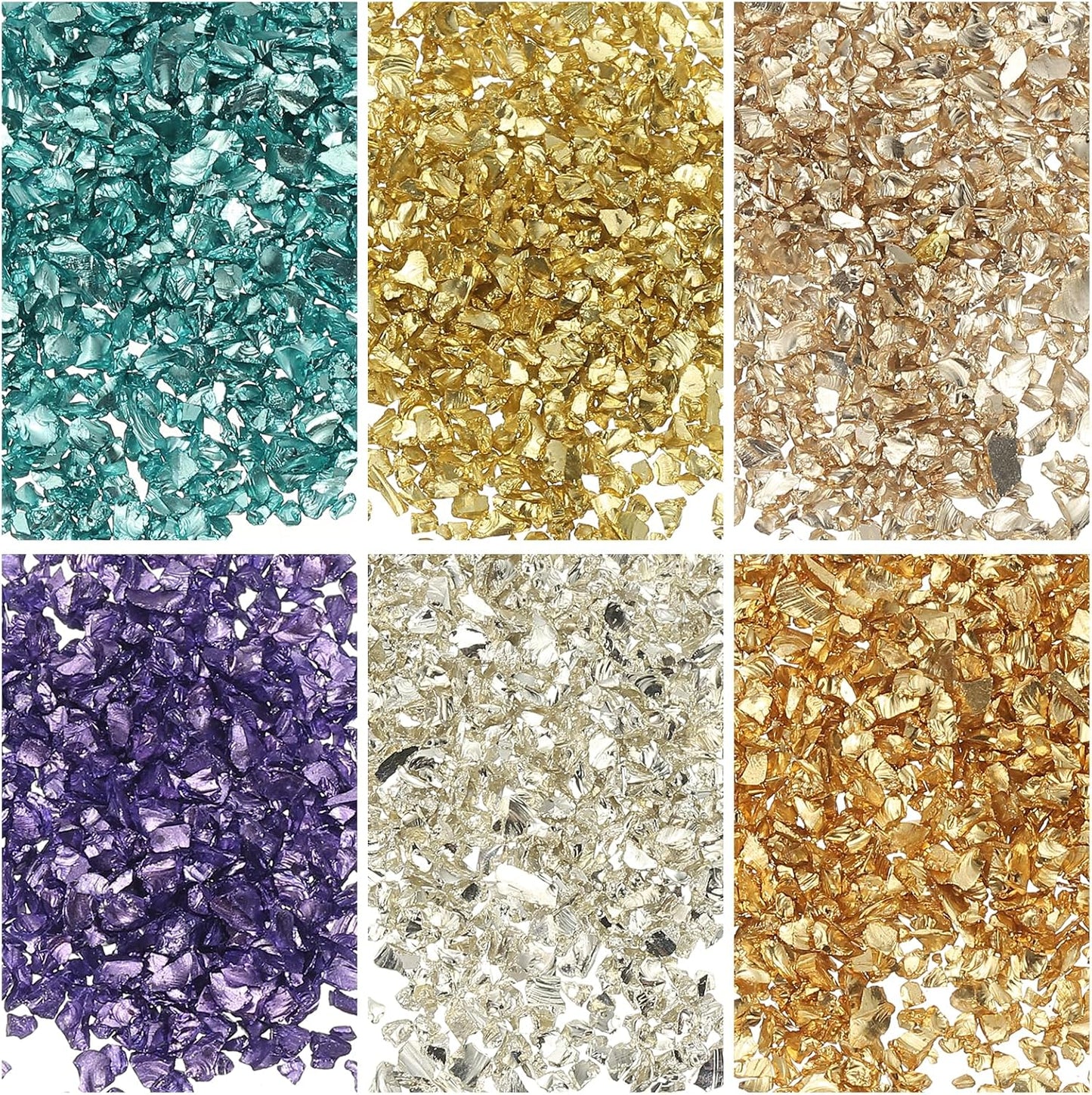 uxcell 6 Colors Crushed Glass Chips, 1-3mm Irregular Glitter Metallic Glass Broken Glasses Pieces with Laser Bag for Craft DIY Vase Epoxy Halloween Decoration 31g, Solid Colors
