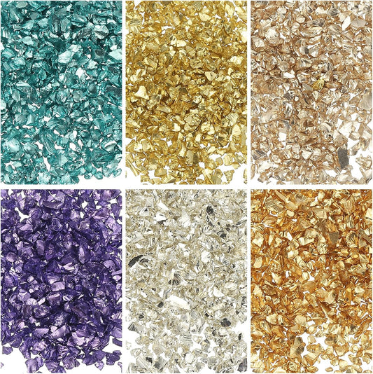 uxcell 6 Colors Crushed Glass Chips, 1-3mm Irregular Glitter Metallic Glass Broken Glasses Pieces with Laser Bag for Craft DIY Vase Epoxy Halloween Decoration 31g, Solid Colors