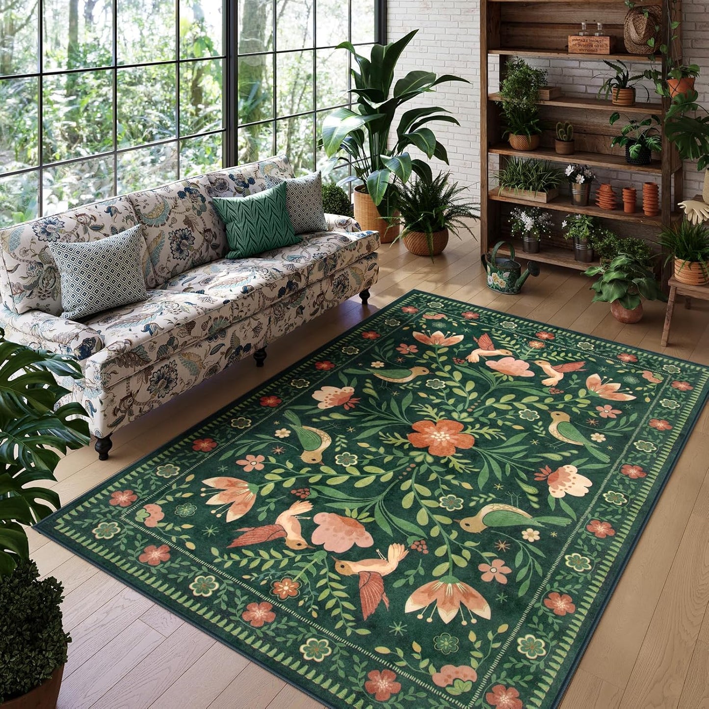 Morebes Washable Floral 5x7 Green Area Rug for Living Room, Large Boho Bird Rug for Bedroom Non Slip, Soft Vintage Plant Floor Carpet for Nursery Dining Kids Room Playroom Emerald Green