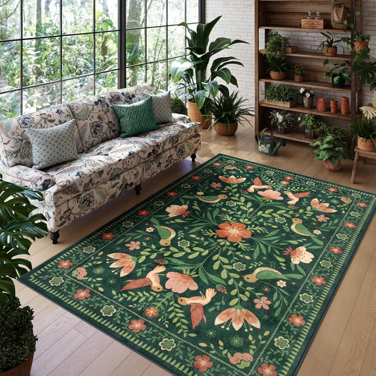 Morebes Green Boho 8x10 Area Rugs for Living Room, Washable Floral Rug for Bedroom Non Slip, Soft Ultra-Thin Distressed Flower Birds Indoor Carpet for Farmhouse Classroom Kids Nursery