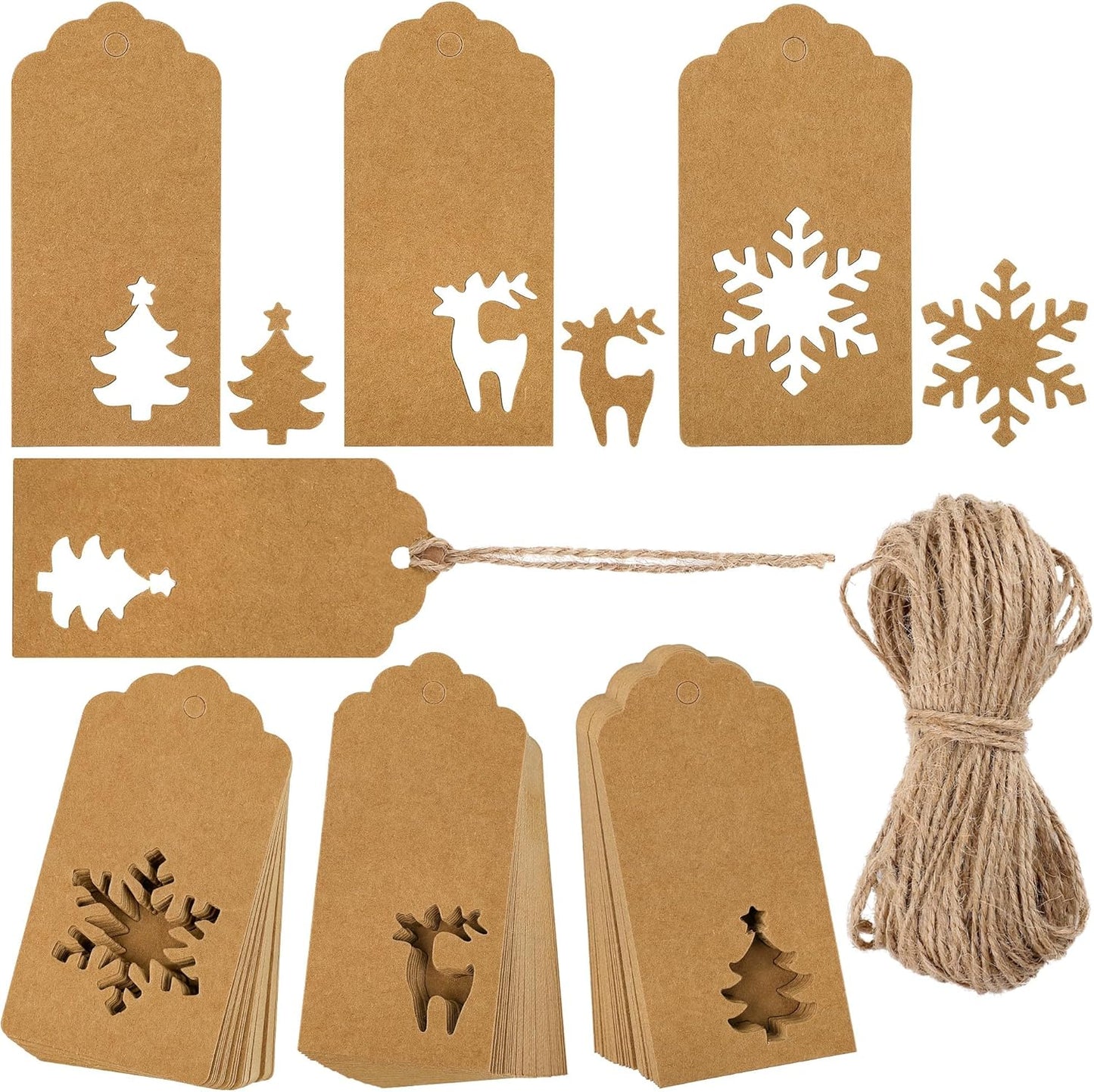 Aneco 150 Pieces Christmas Paper Gift Tags Brown Kraft Tags Hang Labels Christmas Tree Snowflake Reindeer Design with 30 Meters Jute Twine for Christmas DIY Wrapping Favor Holiday Present