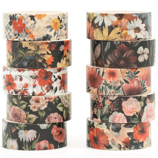 10 Rolls Blooming Flowers Washi Tape Set Floral Arts Adhesive Tapes Colorful Garden Decorative Masking Tape Sets for Craft, Kids, Scrapbook, DIY, Gift Wrapping (3-Blooms)