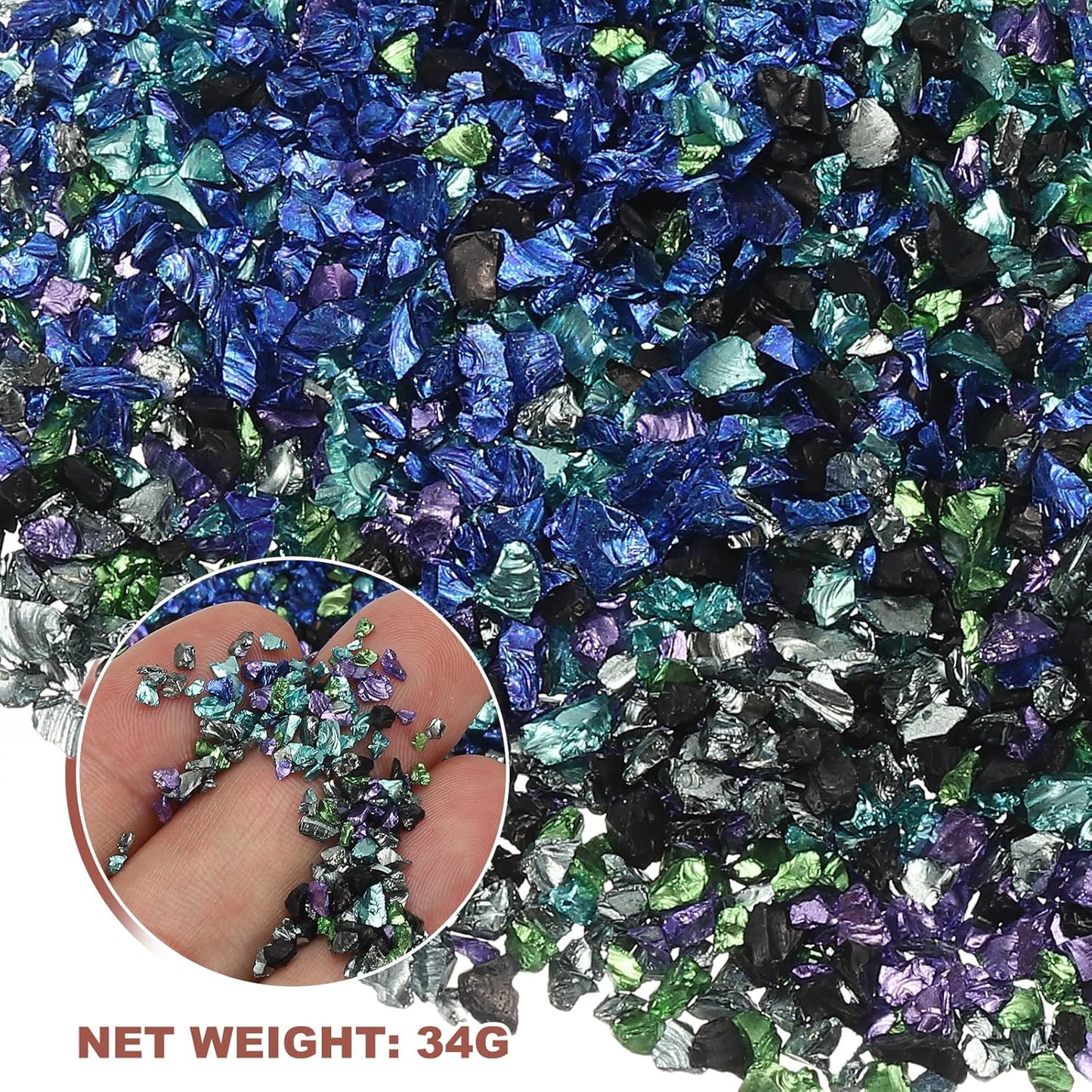 uxcell 6 Colors Crushed Glass Chips, 1-3mm Irregular Glitter Metallic Glass Broken Glasses Pieces with Laser Bag for Craft DIY Vase Epoxy Halloween Decoration 34g, Blue & Green Series