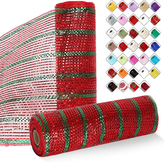 2 Rolls Mesh Ribbon for Wreaths 10 Inch x 30 Foot Wreath Mesh Rolls with Metallic Foil for Easter Christmas Party Wedding Home Decor DIY Craft Projects and Gift Wrapping(Red/Green-Strip)