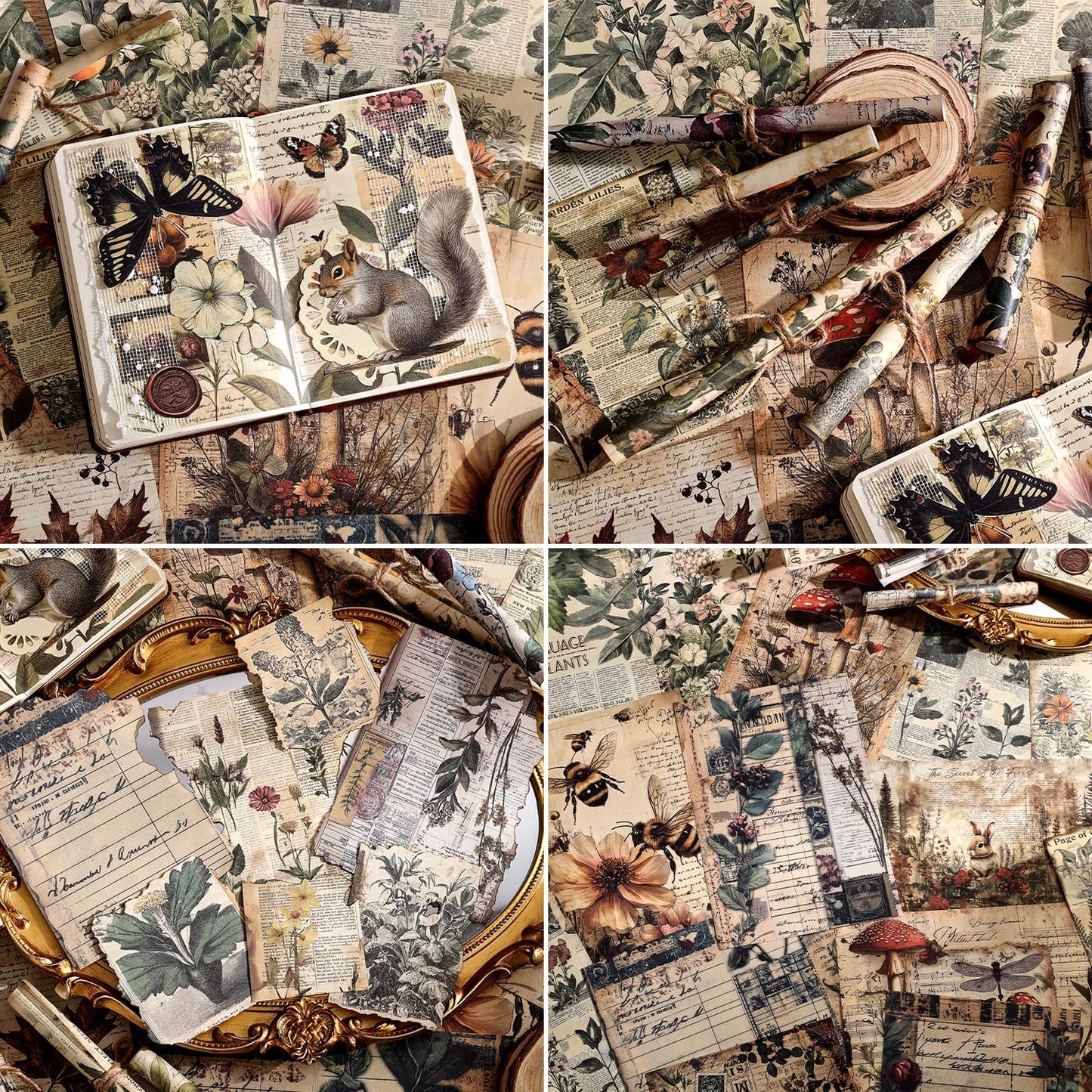120 Sheets Vintage Botanical Scrapbook Paper Set, Journaling Scrapbooking Supplies Craft Decoupage Papers Kit, 4 Themes x 30 Mushroom Floral Antique Letter Design for Junk Journals Collage Card Making