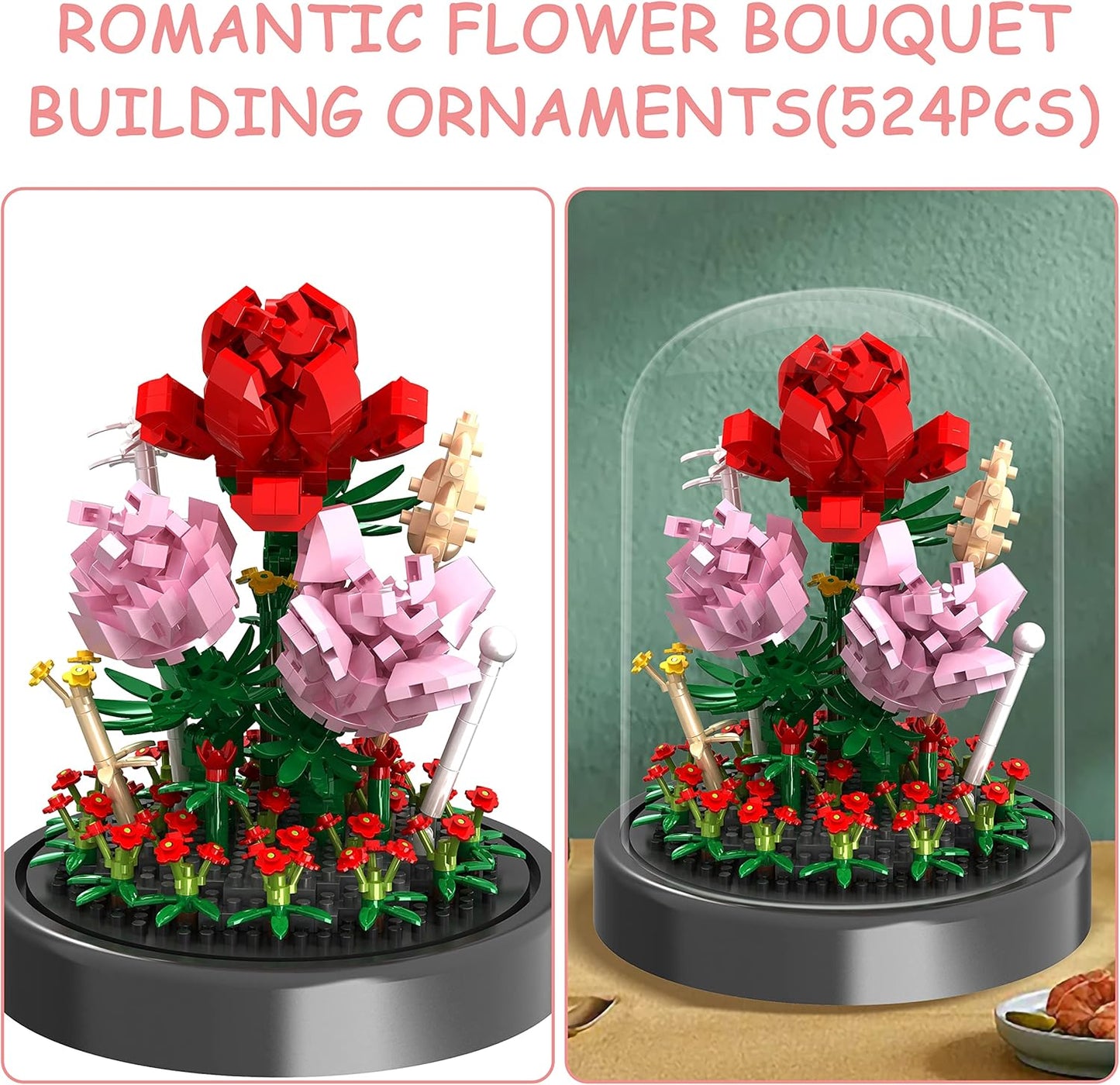 Flower Bouquet Building Kit, 524 Pcs Mini Bricks Building Blocks Sets, Forever Rose Decorated Flower with Dust Cover, Valentine's Day Gifts for Her Mom Women (Rose Flower)