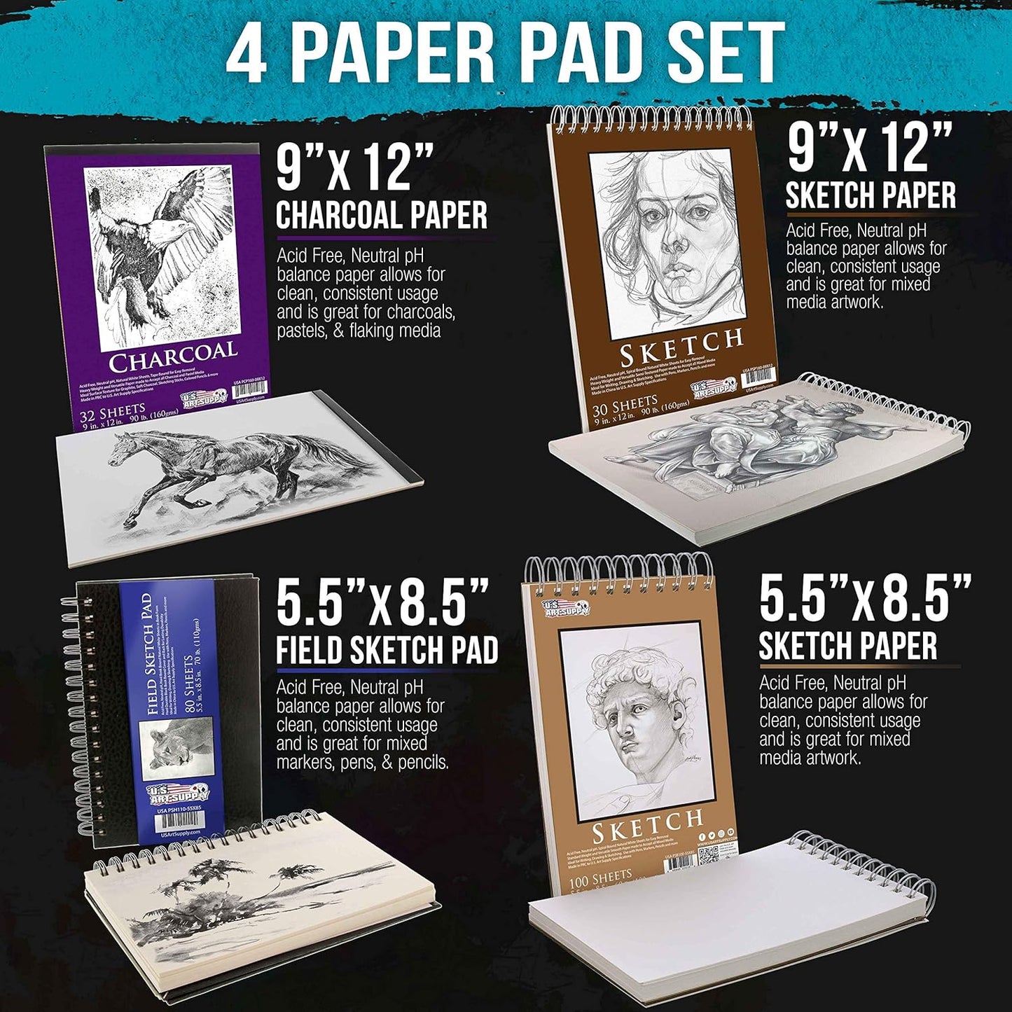 U.S. Art Supply 4-Pad Sketch Book and Drawing Paper Set (242 Sheets) - Sizes (5.5 x 8.5 and 9 x 12 Inch) Spiral Bound, Artist Drawing Pads for Mixed Media