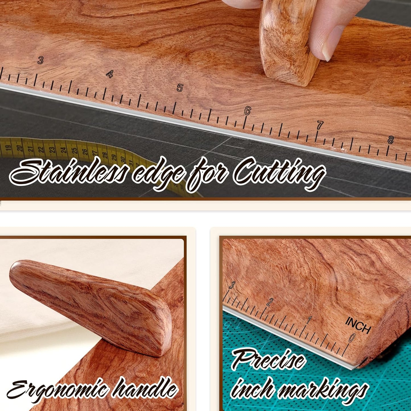 SAVINA Safety Ruler with Handle & Stainless Steel Edge - 13in Handmade Hardwood Ruler for Quilting, Sewing, Fabric, Paper & Leather Crafts - Comfortable Grip for Precision Tailoring & DIY Projects