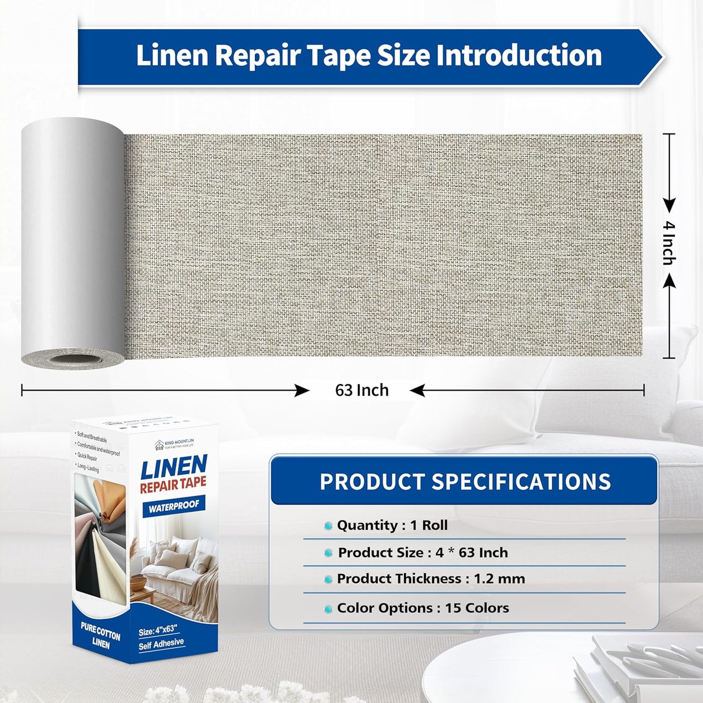 KING MOUNTAIN Linen Repair Patches, Self-Adhesive Linen Fabric Patches, 4 X 63 inch Extra Size, Multi Color, Can be Used for Linen Sofa Repair and Linen Clothes Repair (Cream-Gray 1.0)