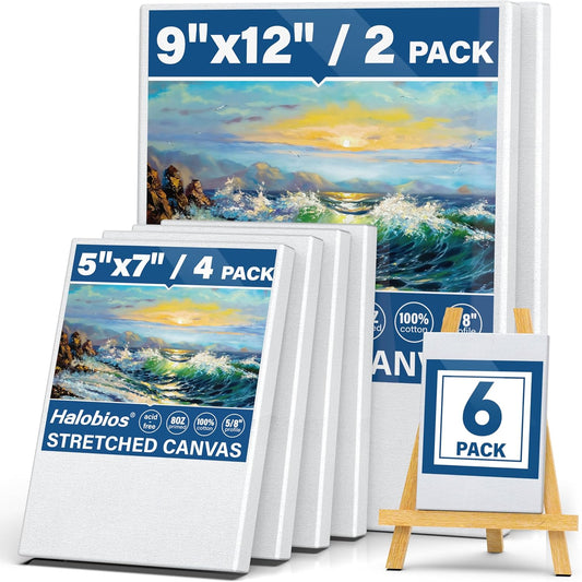 6 Packs Stretched Canvases for Painting with 5x7in,9x12in Canvas, Blank Canvases for Acrylics, Oils & Other Painting Media, 5/8 Inch Profile 100% Cotton Artist Framed Canvas