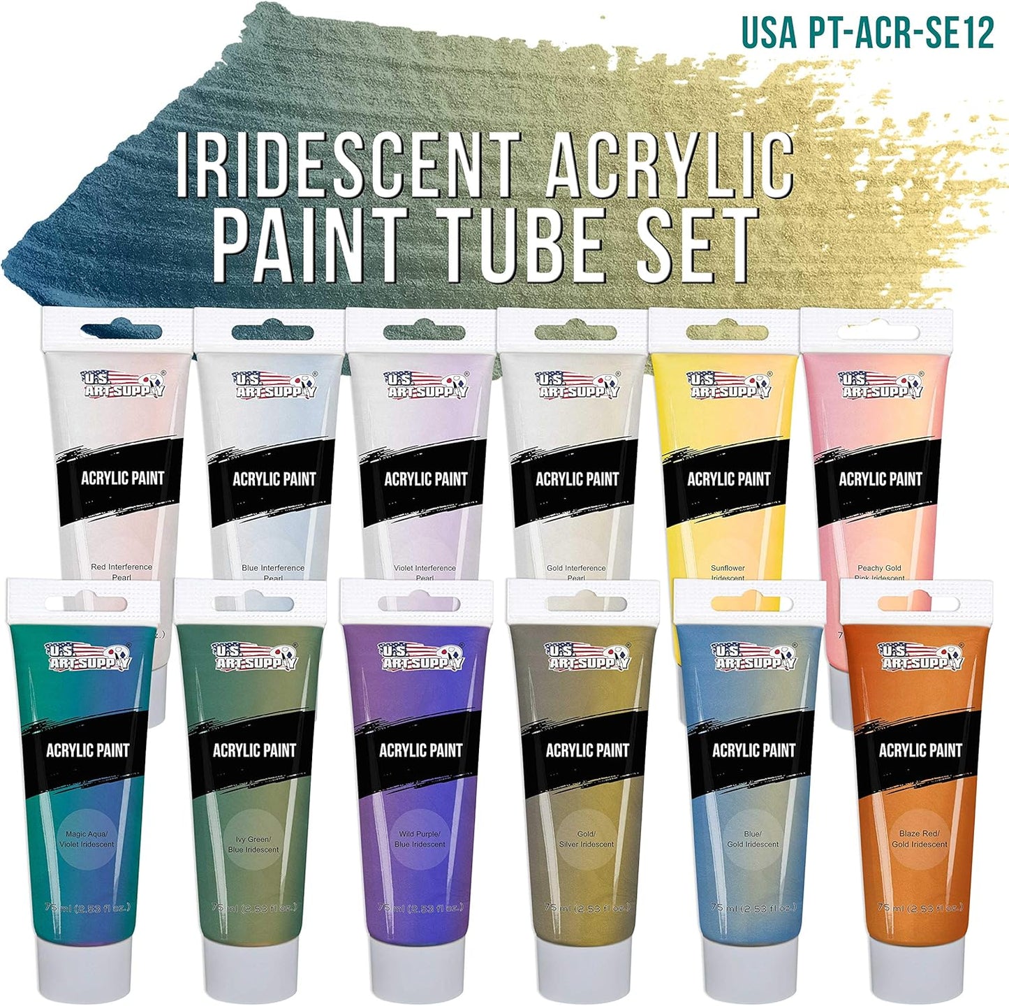 U.S. Art Supply 12-Color Iridescent Acrylic Paint Set Large 75ml Tubes - Luminescent, Chameleon, Color-Shifting Pearl Colors, Crafting Paints - Iridescent Paint Acrylics for Canvas, Wood, Rock, Paper