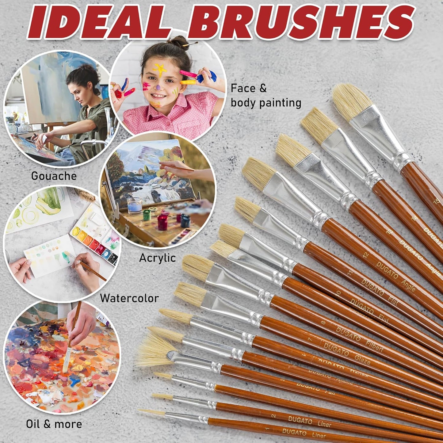 DUGATO Artist Paint Brush Set (15pc) - Short Handle Hog Bristle Brushes for Oil, Acrylic, Gouache, Watercolor - Includes Pop-Up Case, Palette Knife & Sponges - Professional Art Supplies