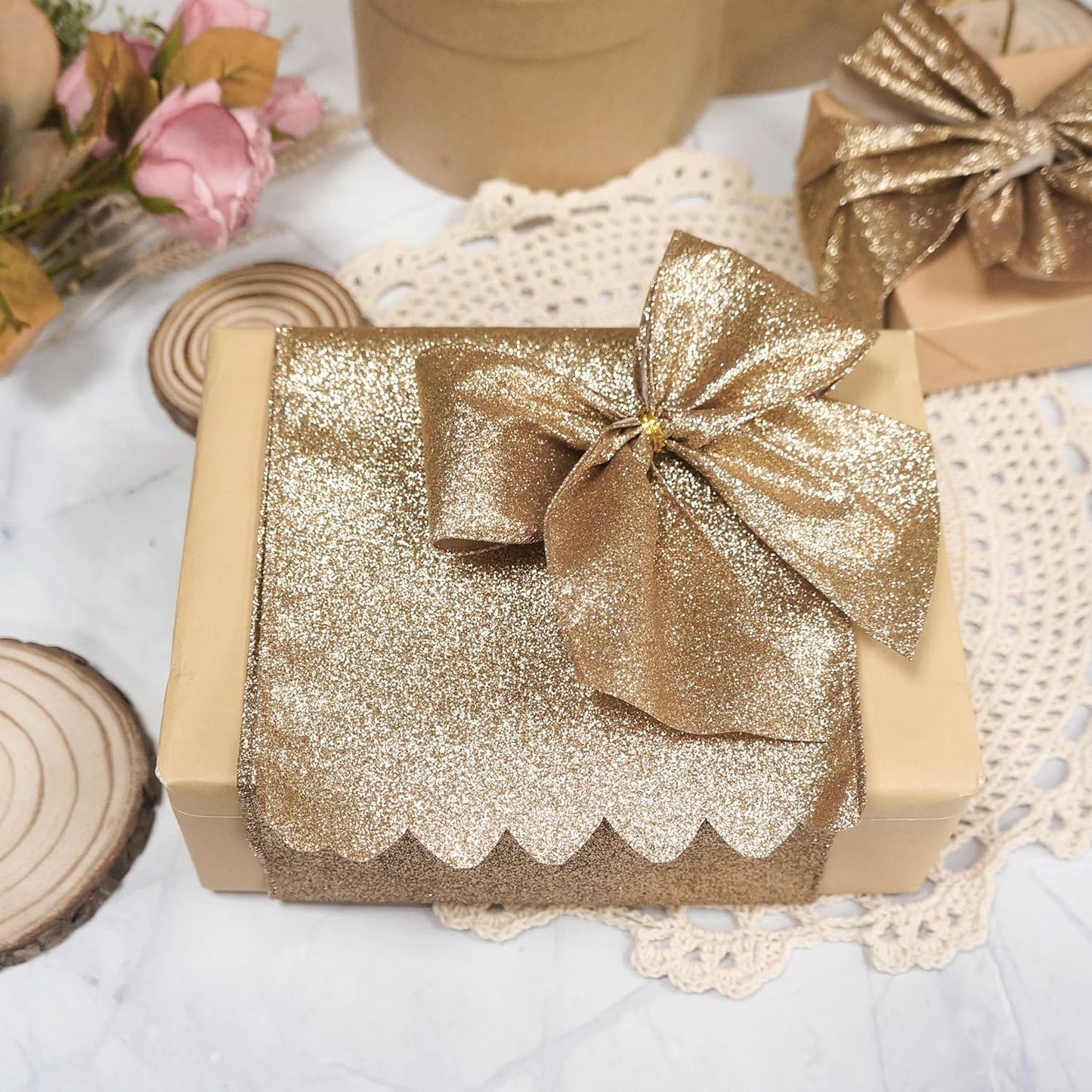 CT CRAFT LLC Glitter Wired Ribbon 6" x 10 Yards Gold (Champagne Gold) for Christmas Home Decor Bow Gift Wrapping DIY Crafts Wreath