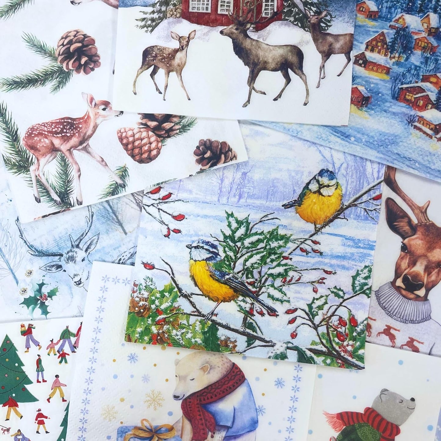 Mystery Pack Decoupage Paper Napkins, 20-ct Assorted Surprise Napkins, Decorative Napkins for Art Craft Junk Journal, Scrapbooking, 20 Different Winter Designs