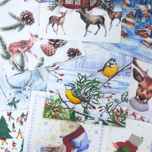 Mystery Pack Decoupage Paper Napkins, 20-ct Assorted Surprise Napkins, Decorative Napkins for Art Craft Junk Journal, Scrapbooking, 20 Different Winter Designs
