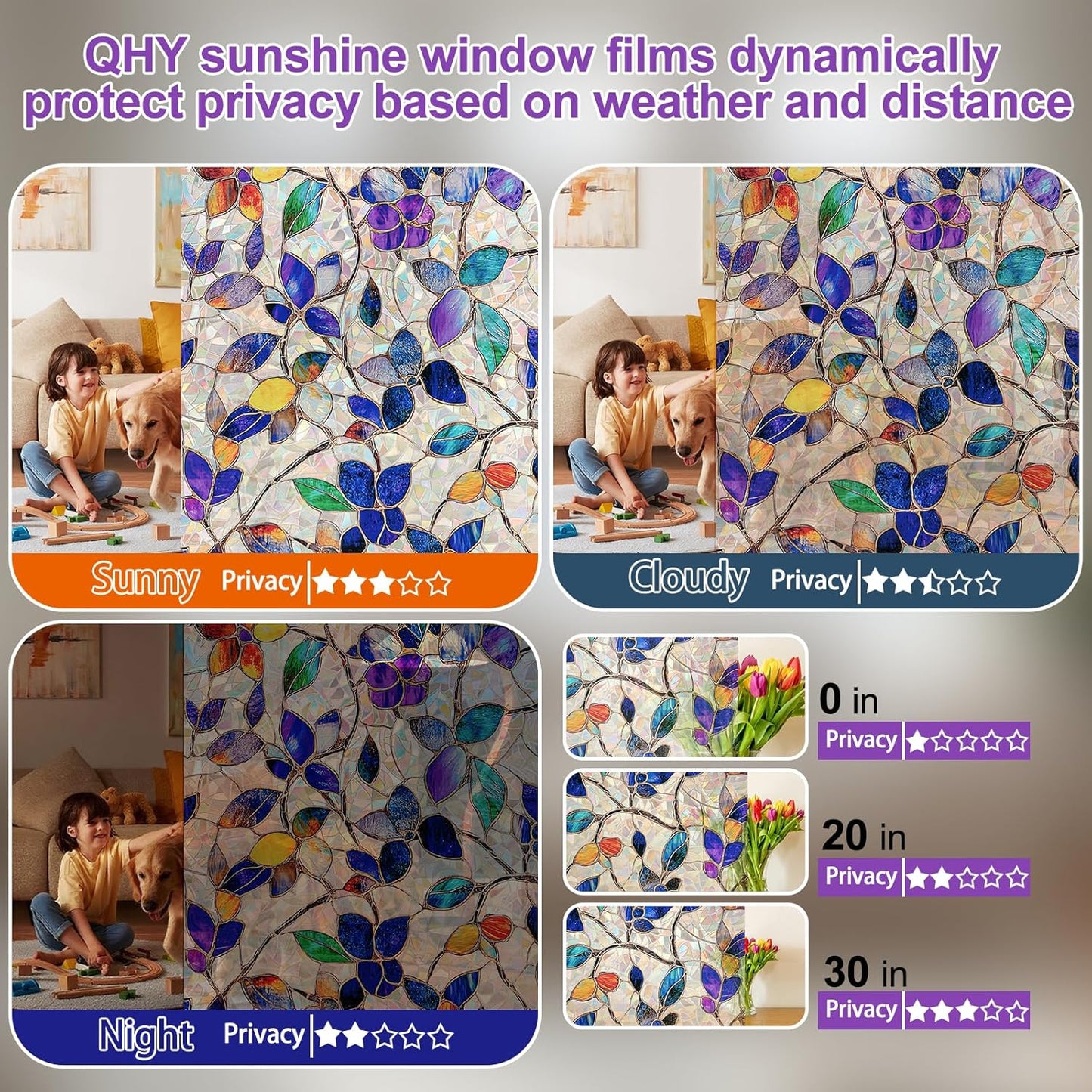 Window Privacy Film Stain Glass Window Film Rainbow Window Film Window clings Non-Adhesive Reusable Decorative for Room (Purple Rainbow, 45.2 X 78.7 in)