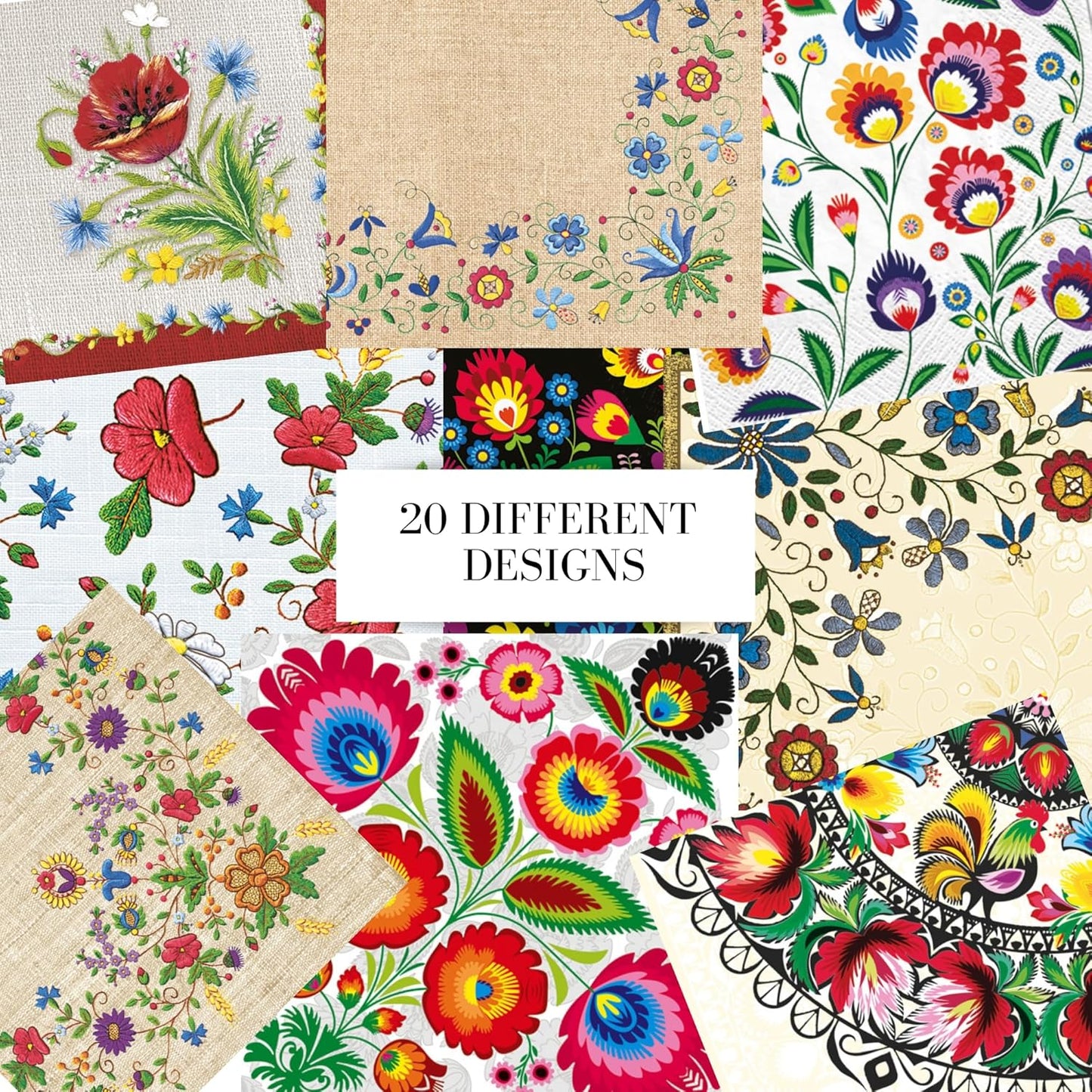 Keep Unique Mystery Pack Decoupage Paper Napkins, 20-ct Assorted Surprise Napkins, Decorative Napkins for Art Craft Junk Journal, Scrapbooking, 20 Different Folk Designs